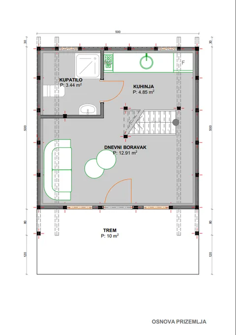 Osnova montažne kuće A-frame Ekonomik, 44 m², Drvo Pro Forest House
