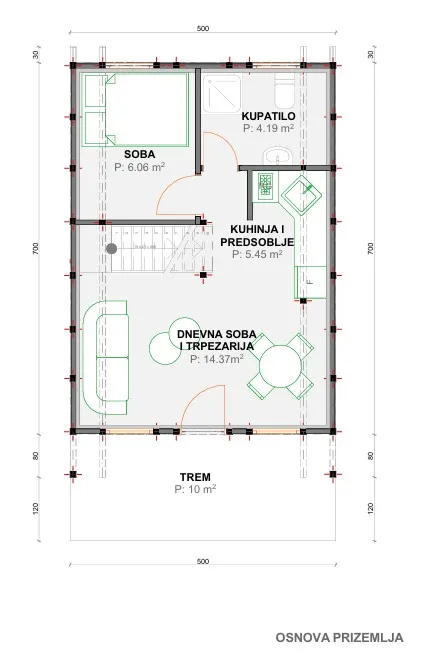 Osnova montažne kuće Golija, 70 m², Drvo Pro Forest House