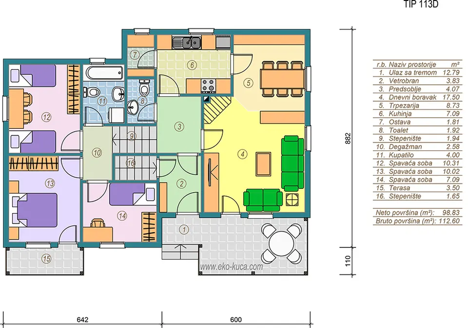 Osnova montažne kuće Tip 113D, 113 m², Eko Kuća