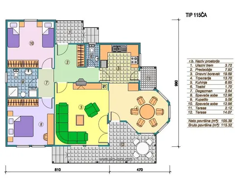 Osnova montažne kuće Tip 115CA, 115 m², Eko Kuća