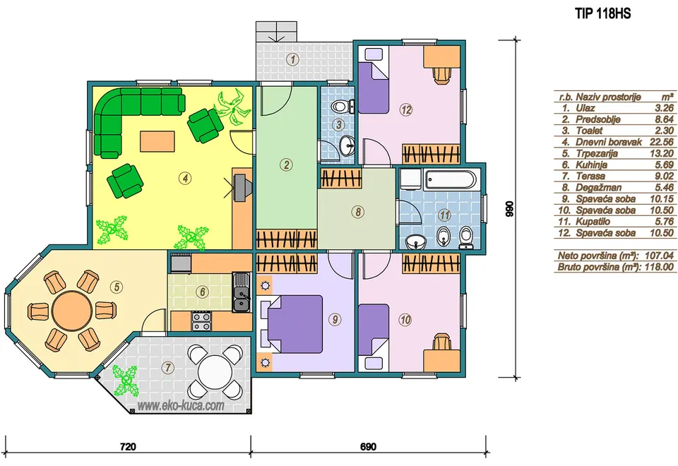 Osnova montažne kuće Tip 118HS, 118 m², Eko Kuća