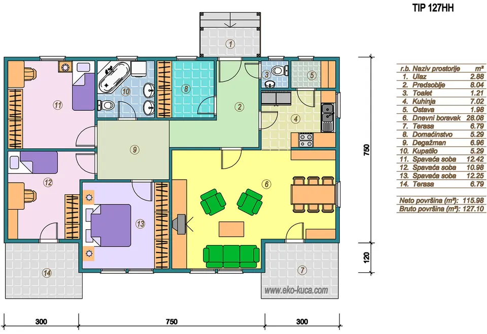 Osnova montažne kuće Tip 127HH, 127 m², Eko Kuća