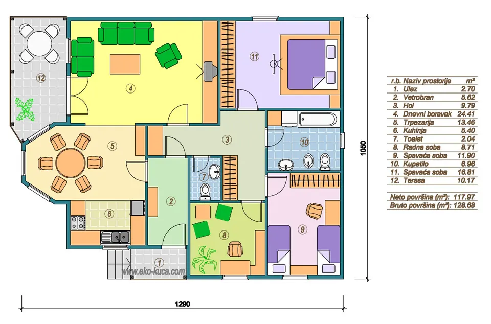 Osnova montažne kuće Tip 128L, 128 m², Eko Kuća