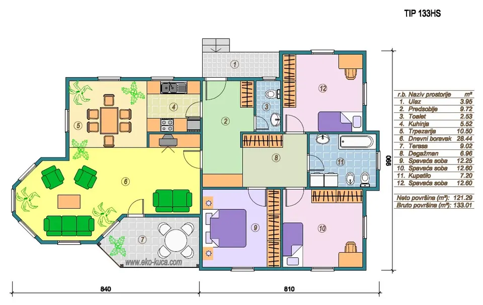 Osnova montažne kuće Tip 133HS, 133 m², Eko Kuća