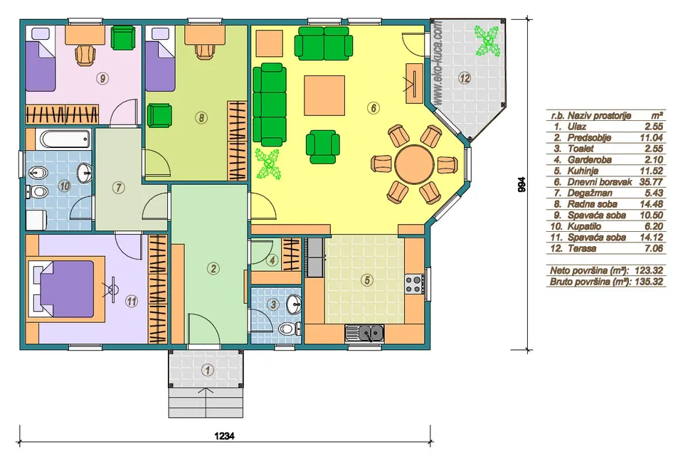 Osnova montažne kuće Tip 135H, 135 m², Eko Kuća