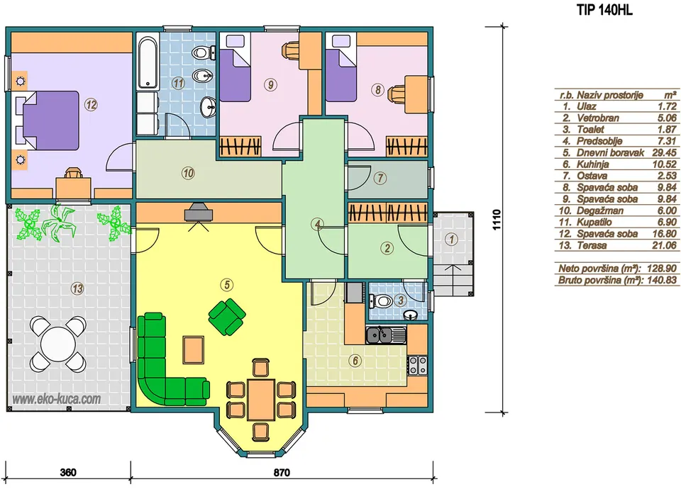 Osnova montažne kuće Tip 140HL, 140 m², Eko Kuća