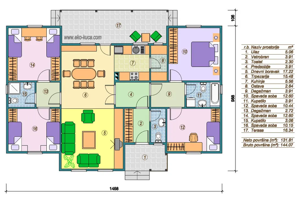 Osnova montažne kuće Tip 144, 144 m², Eko Kuća