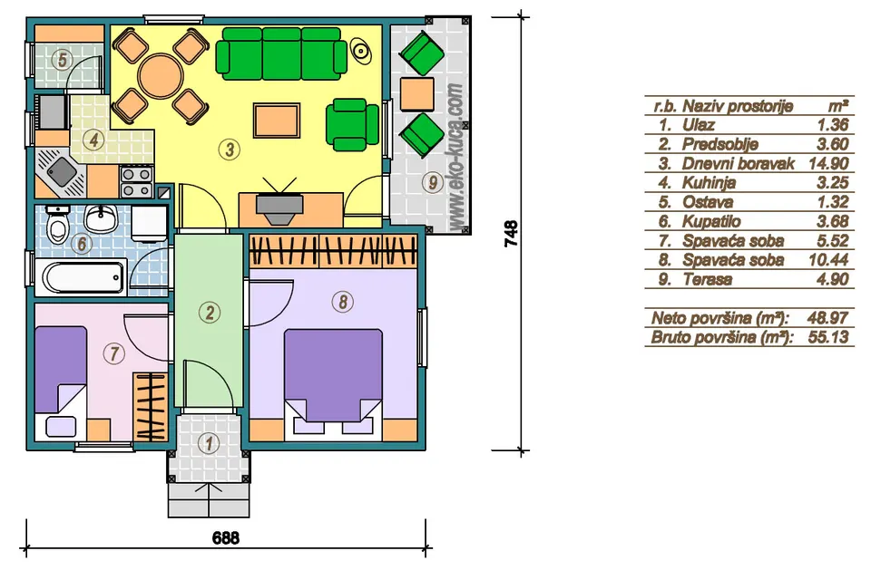 Osnova montažne kuće Tip 55, 55 m², Eko Kuća