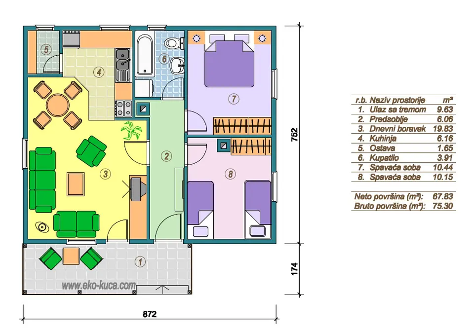 Osnova montažne kuće Tip 75 60, 75 m², Eko Kuća