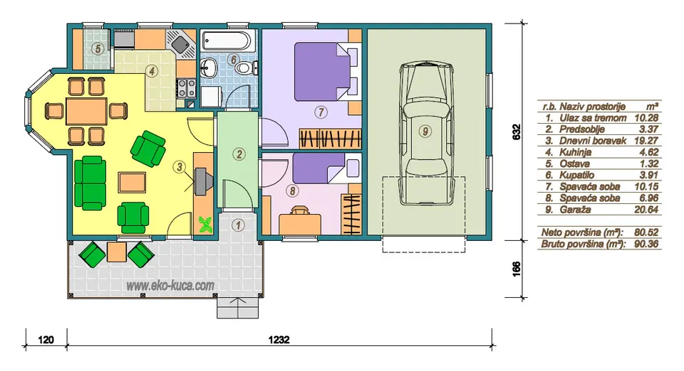 Osnova montažne kuće Tip 90G, 90 m², Eko Kuća