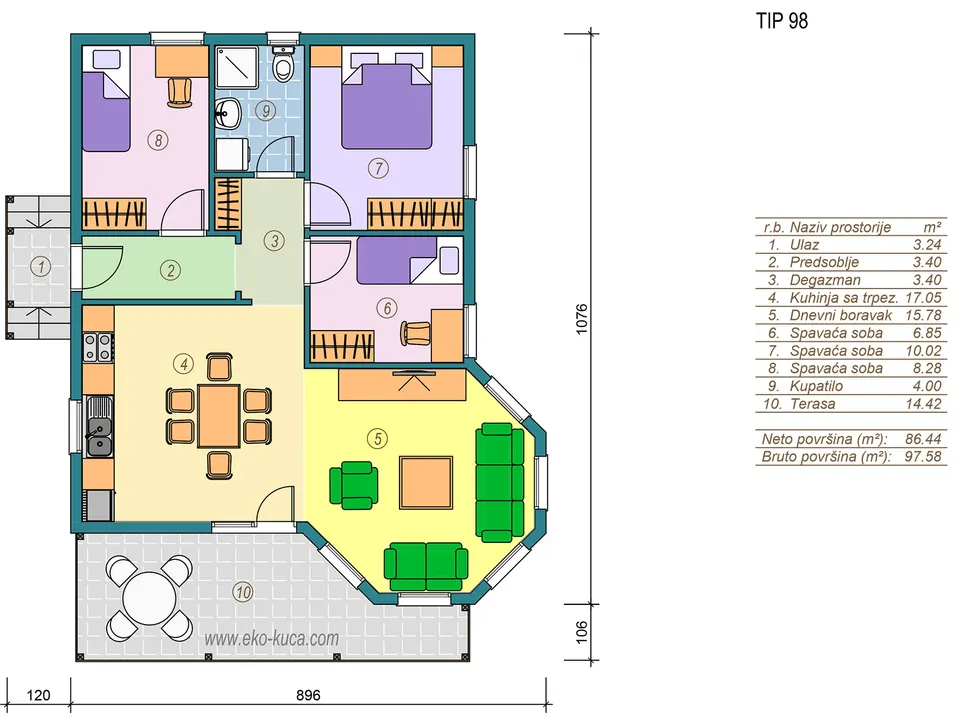 Osnova montažne kuće Tip 98S, 98 m², Eko Kuća