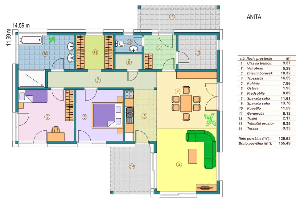 Osnova montažne kuće Tip ANITA, 80 m², Eko Kuća