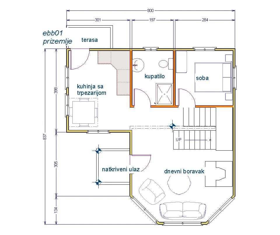 Osnova montažne kuće Brvnara EBB01, 60 m², Ekobrvnare