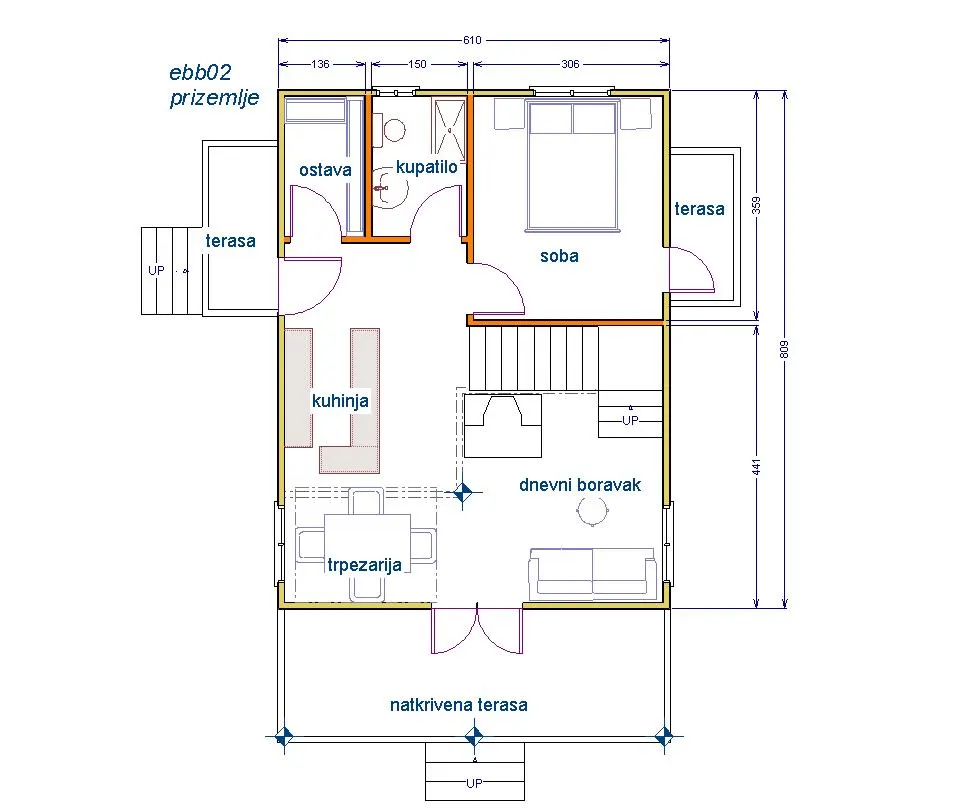 Osnova montažne kuće Brvnara EBB02, 60 m², Ekobrvnare
