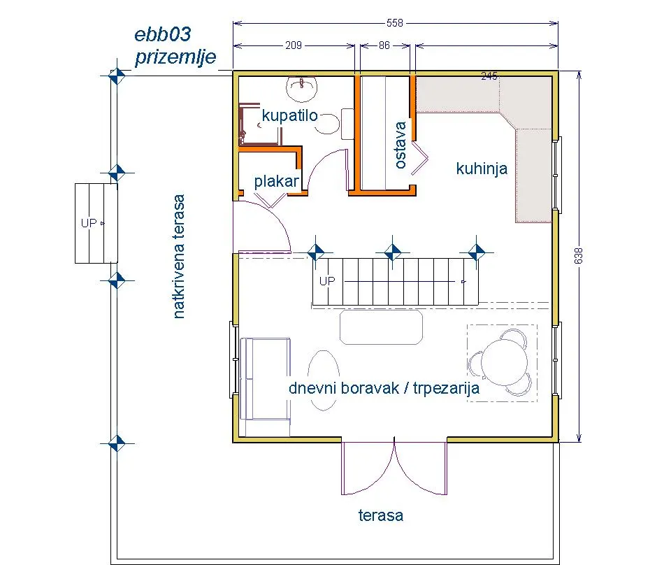Osnova montažne kuće Brvnara EBB03, 60 m², Ekobrvnare