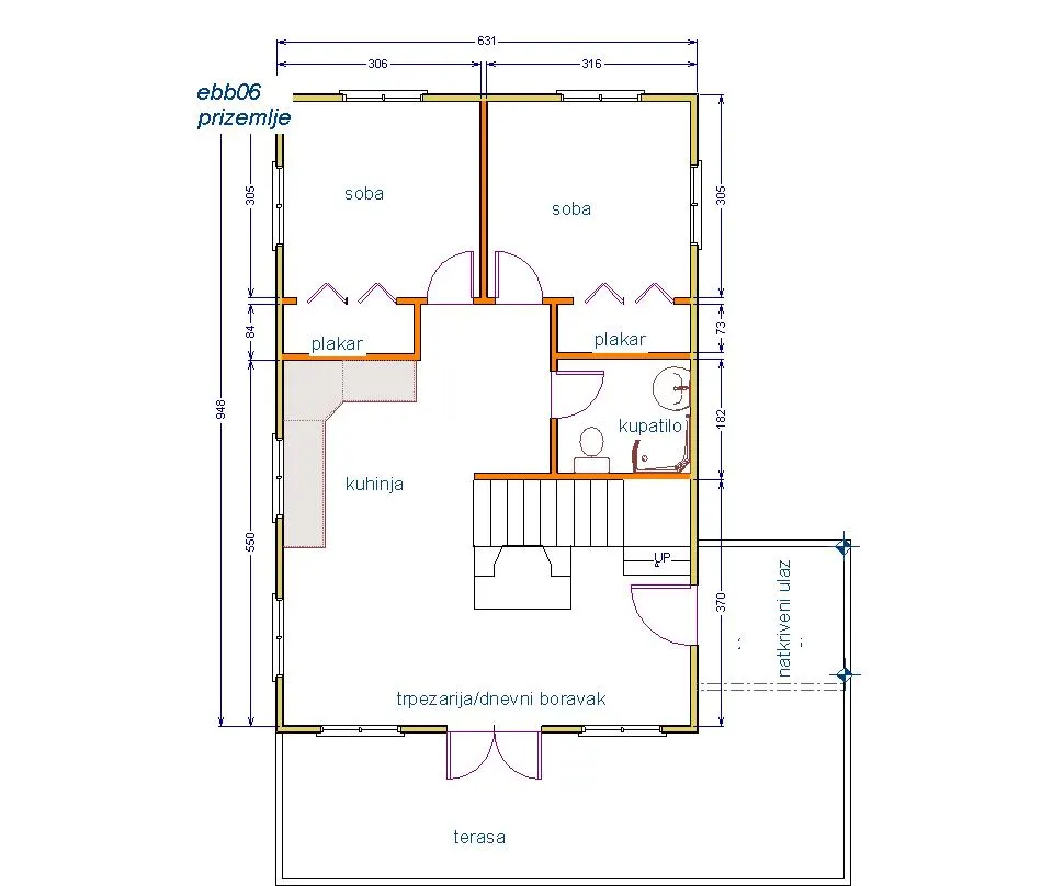 Osnova montažne kuće Brvnara EBB06, 60 m², Ekobrvnare