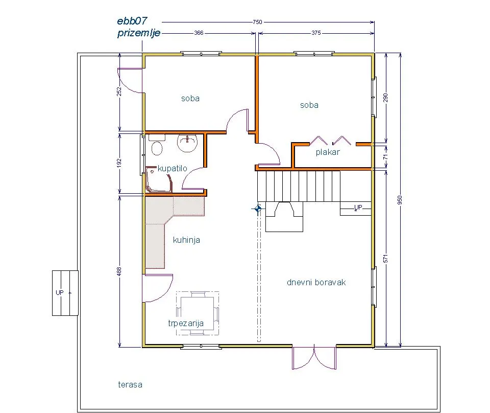 Osnova montažne kuće Brvnara EBB07, 60 m², Ekobrvnare