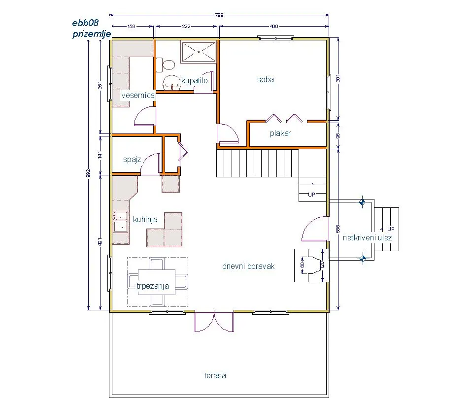 Osnova montažne kuće Brvnara EBB08, 60 m², Ekobrvnare