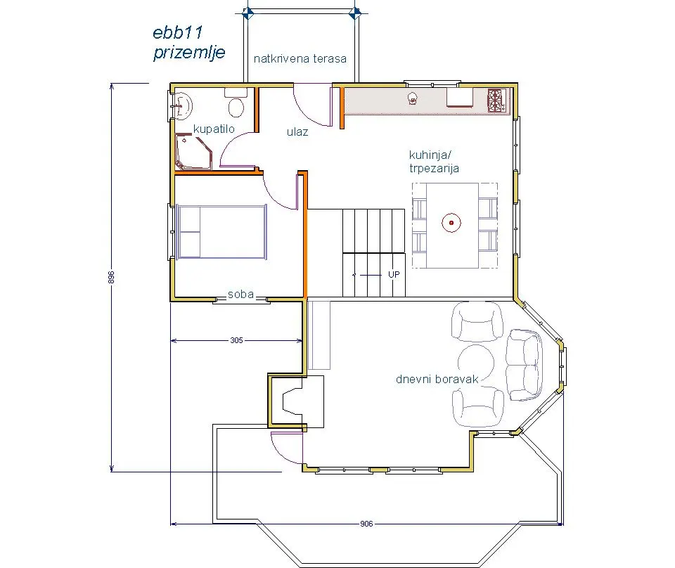 Osnova montažne kuće Brvnara EBB11, 60 m², Ekobrvnare