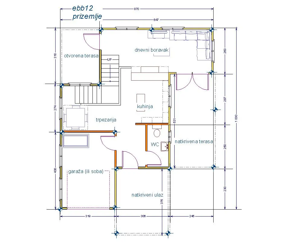 Osnova montažne kuće Brvnara EBB12, 60 m², Ekobrvnare
