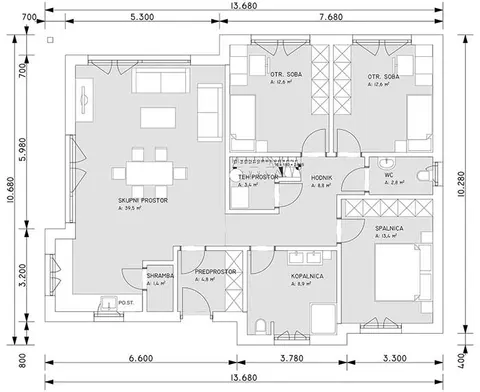 Osnova montažne kuće Hiša Ana, 120 m², G.M. Hiše