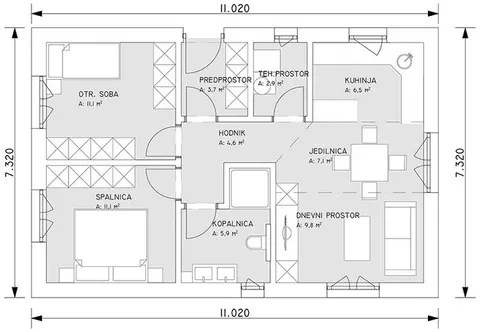 Osnova montažne kuće Hiša Lili, 120 m², G.M. Hiše