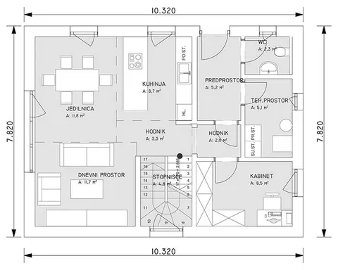 Osnova montažne kuće Hiša Patricija, 120 m², G.M. Hiše