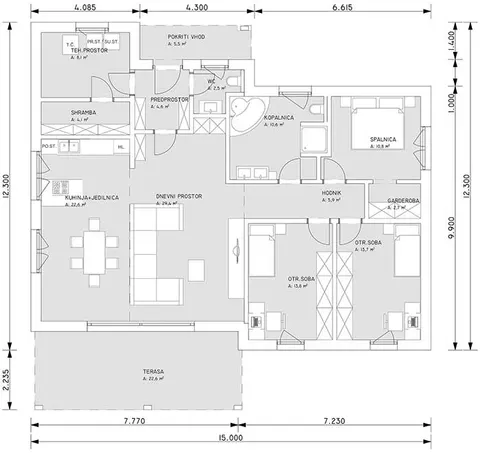 Osnova montažne kuće Hiša Tamara, 120 m², G.M. Hiše