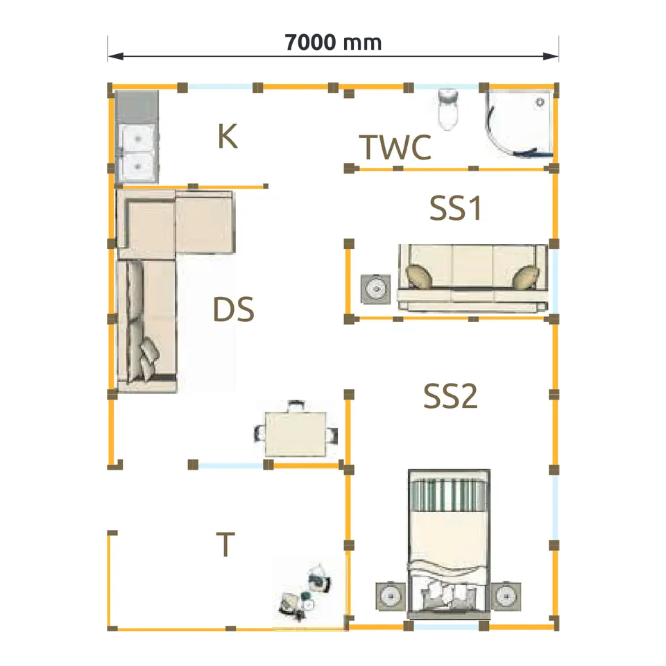Osnova montažne kuće Brvnare 40 60M2, 50 m², Hrast Petković