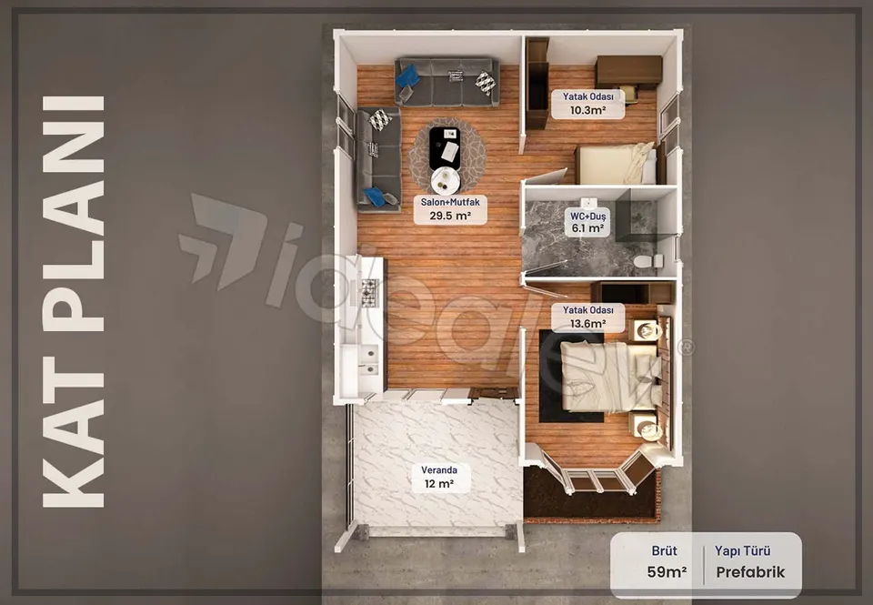 Montažna kuća Montažna kuća IMPT0590, 59 m², Idealmod