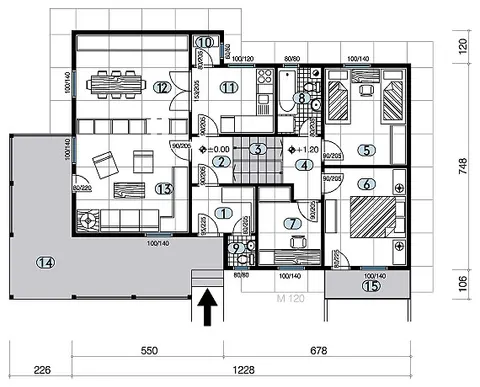 Osnova montažne kuće Tip 105, 105 m², Javor Monter Novi Sad
