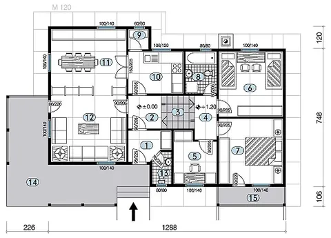 Osnova montažne kuće Tip 110, 110 m², Javor Monter Novi Sad