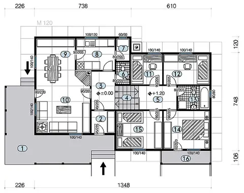 Osnova montažne kuće Tip 117, 117 m², Javor Monter Novi Sad