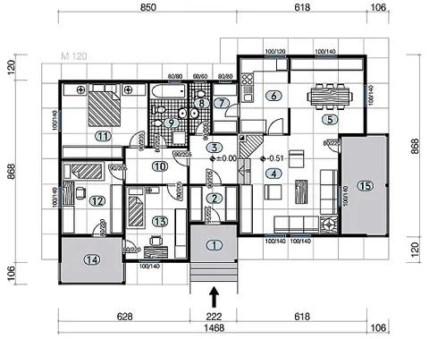 Osnova montažne kuće Tip 127, 127 m², Javor Monter Novi Sad
