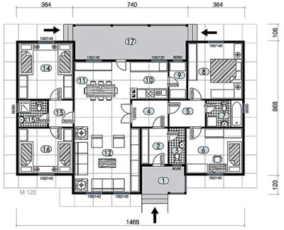 Osnova montažne kuće Tip 135, 135 m², Javor Monter Novi Sad