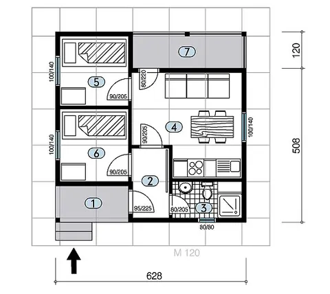 Osnova montažne kuće Tip 35, 35 m², Javor Monter Novi Sad