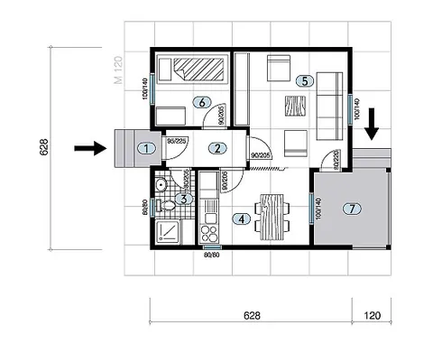 Osnova montažne kuće Tip 40, 40 m², Javor Monter Novi Sad