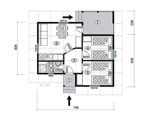 Osnova montažne kuće Tip 44a, 44 m², Javor Monter Novi Sad