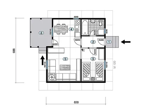 Osnova montažne kuće Tip 44b, 44 m², Javor Monter Novi Sad