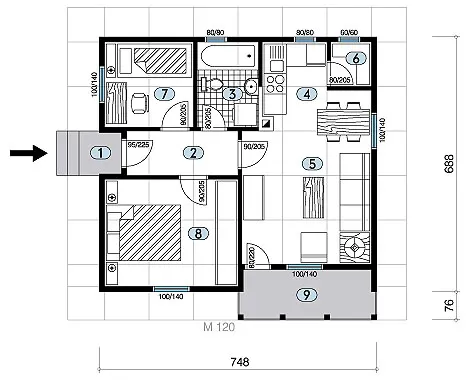 Osnova montažne kuće Tip 52, 52 m², Javor Monter Novi Sad