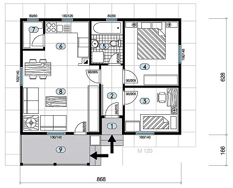 Osnova montažne kuće Tip 57, 57 m², Javor Monter Novi Sad