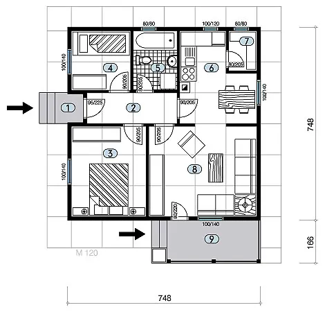 Osnova montažne kuće Tip 59, 59 m², Javor Monter Novi Sad