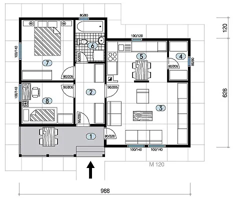 Osnova montažne kuće Tip 66, 66 m², Javor Monter Novi Sad