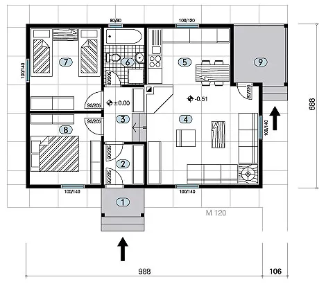 Osnova montažne kuće Tip 68, 68 m², Javor Monter Novi Sad