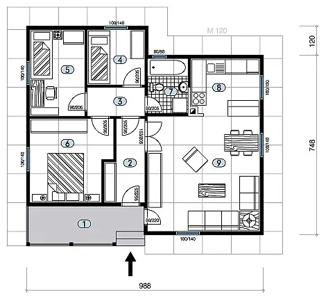 Osnova montažne kuće Tip 77, 77 m², Javor Monter Novi Sad
