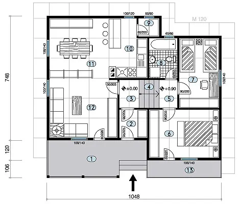 Osnova montažne kuće Tip 86, 86 m², Javor Monter Novi Sad