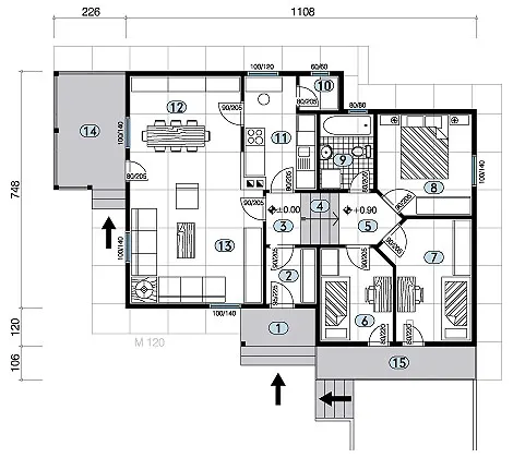 Osnova montažne kuće Tip 90, 90 m², Javor Monter Novi Sad