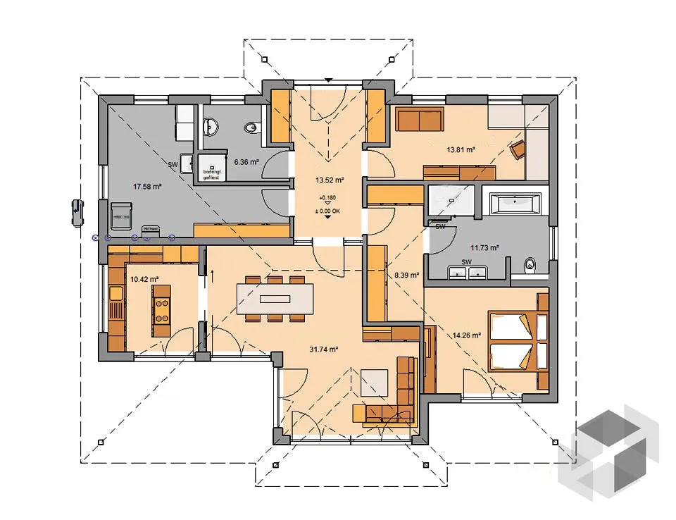 Osnova montažne kuće K-MS-128, 127 m², Kaja MS