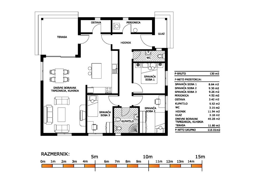 Osnova montažne kuće K-MS-130, 130 m², Kaja MS