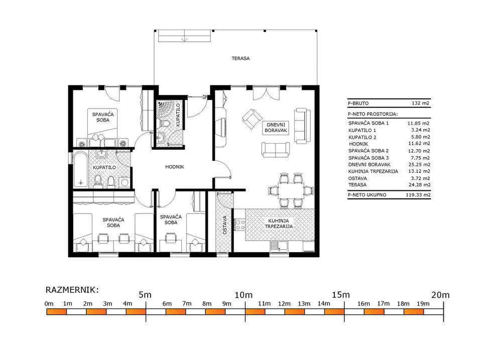 Osnova montažne kuće K-MS-132, 132 m², Kaja MS